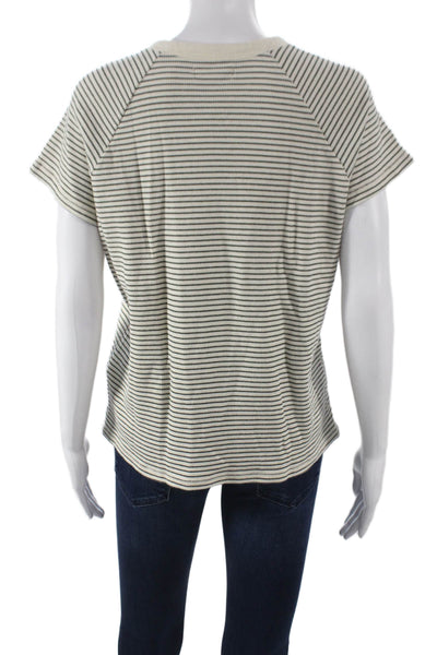 Madewell Women Basic Ivory Striped V-Neck Cotton Short Sleeve T-Shirt Size S