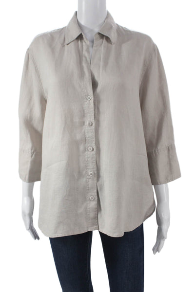 Zara Women Basic Button-Up Linen Collared 3/4 Sleeve Beige Size S