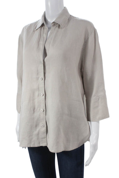 Zara Women Basic Button-Up Linen Collared 3/4 Sleeve Beige Size S
