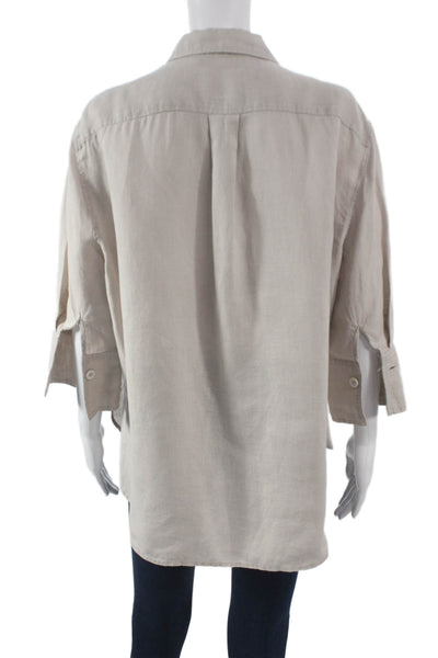 Zara Women Basic Button-Up Linen Collared 3/4 Sleeve Beige Size S