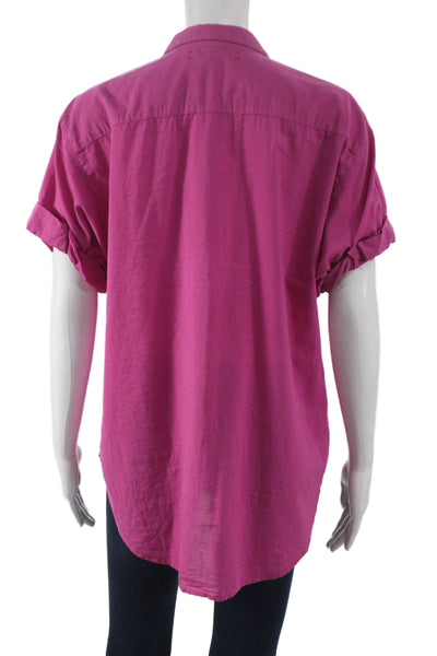 Xirena Womens Basic Collared Short Sleeve Button Up Pink Cotton Top Size S