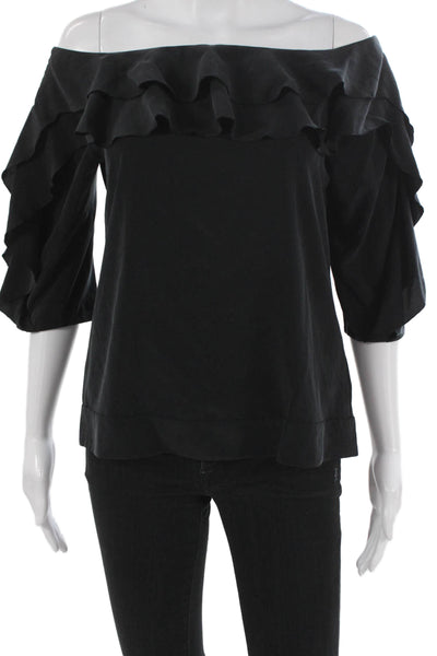 L'Agence Womens Black Silk Off Shoulder Blouse 3/4 Sleeve Size S