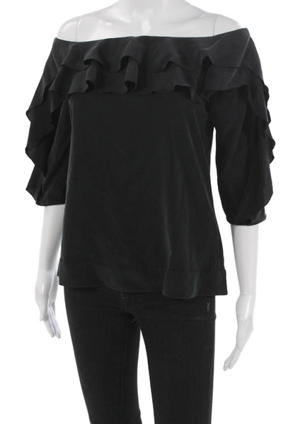 L'Agence Womens Black Silk Off Shoulder Blouse 3/4 Sleeve Size S