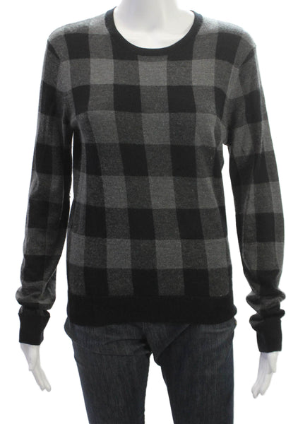 Theory Women Pullover Cashmere Blend Check Crew Neck Black Sweater Size M