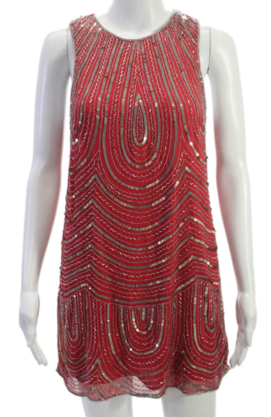 Parker Womens Shift Dress Red Silk Geometric Sleeveless RoundNeck Short Size XS