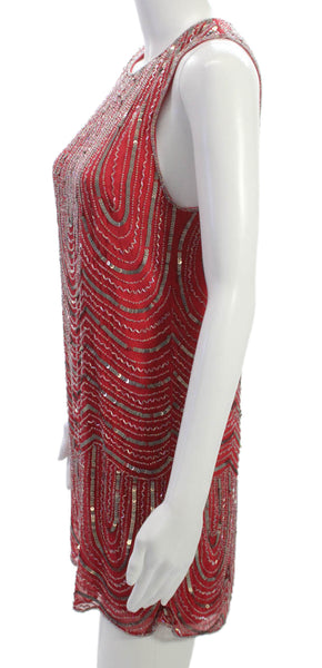 Parker Womens Shift Dress Red Silk Geometric Sleeveless RoundNeck Short Size XS