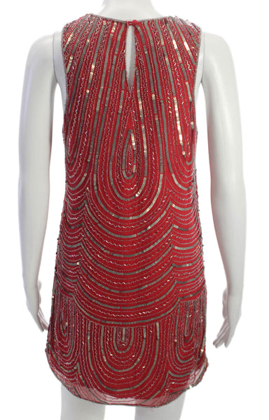 Parker Womens Shift Dress Red Silk Geometric Sleeveless RoundNeck Short Size XS