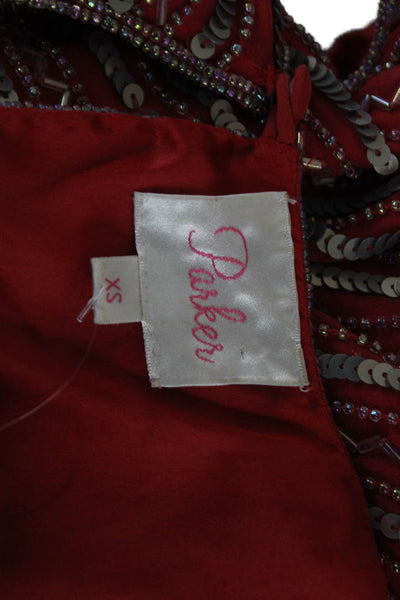 Parker Womens Shift Dress Red Silk Geometric Sleeveless RoundNeck Short Size XS