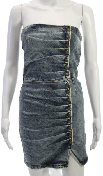 Retrofete Women Bodycon Strapless Blue Cotton Dress Size S