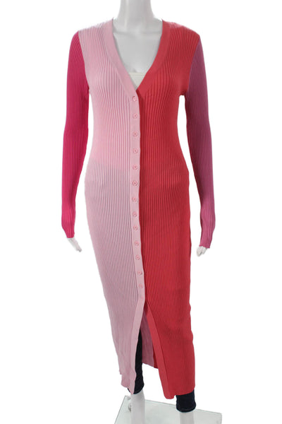 Staud Womens Sweater Dress Pink Colorblock V Neck Long Sleeve Viscose Size M