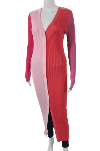 Staud Womens Sweater Dress Pink Colorblock V Neck Long Sleeve Viscose Size M