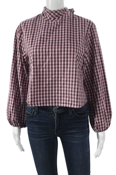 Zara Women Cropped Blouse Pink Check Cotton High Neck Long Sleeve Size S
