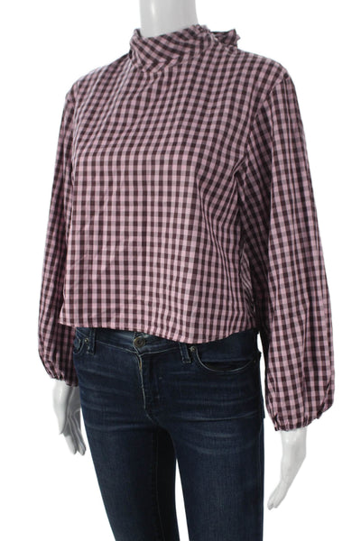 Zara Women Cropped Blouse Pink Check Cotton High Neck Long Sleeve Size S