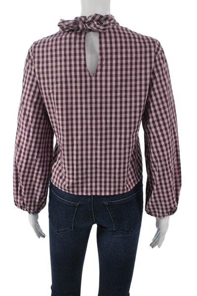 Zara Women Cropped Blouse Pink Check Cotton High Neck Long Sleeve Size S