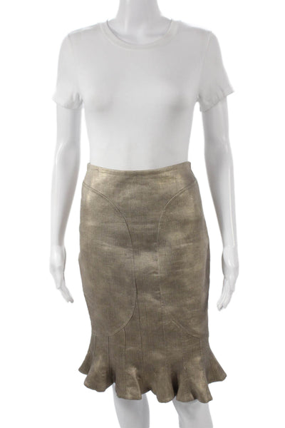 Zac Posen Women Trumpet Midi Skirt Gold Linen Herringbone Zip Size 4