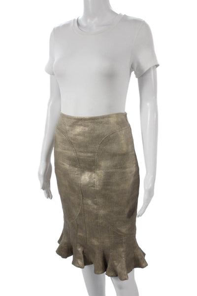 Zac Posen Women Trumpet Midi Skirt Gold Linen Herringbone Zip Size 4