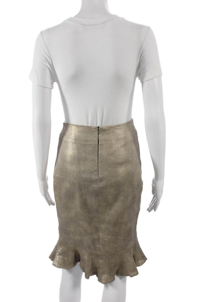Zac Posen Women Trumpet Midi Skirt Gold Linen Herringbone Zip Size 4