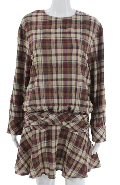 Zara Womens Blouson Plaid Cotton Mini Dress Long Sleeve Round Neck Size M