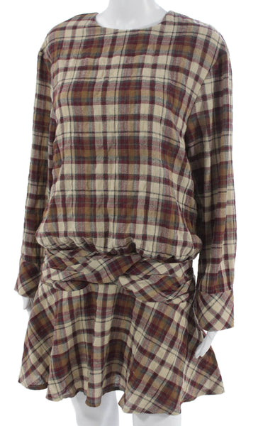 Zara Womens Blouson Plaid Cotton Mini Dress Long Sleeve Round Neck Size M