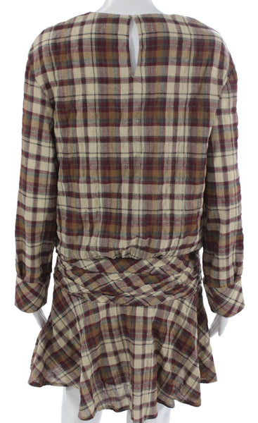 Zara Womens Blouson Plaid Cotton Mini Dress Long Sleeve Round Neck Size M