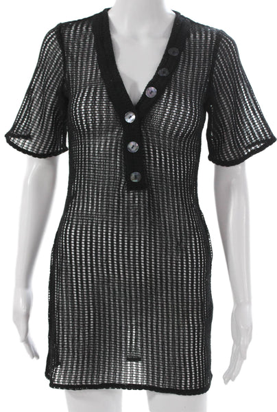 LPA Womens Shift Cover Up Black V Neck Short Sleeve Button Size XS