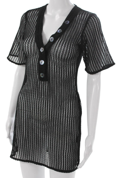 LPA Womens Shift Cover Up Black V Neck Short Sleeve Button Size XS