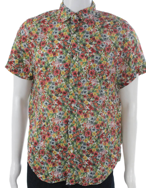 J Crew Mens Button Up Linen Floral Short Sleeve Collared Shirt Size M