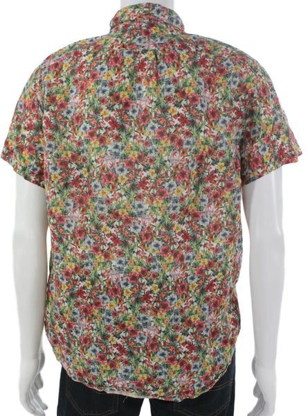 J Crew Mens Button Up Linen Floral Short Sleeve Collared Shirt Size M