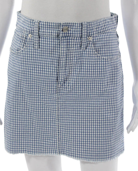 Madewell Womens Straight Pencil Skirt Blue Cotton Check Button Size 27