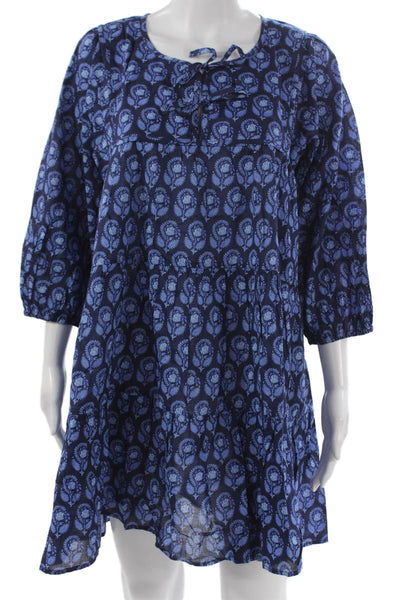 J Crew Women Trapeze Swing Dress Blue Floral 3/4 Sleeve Round Neck Size S