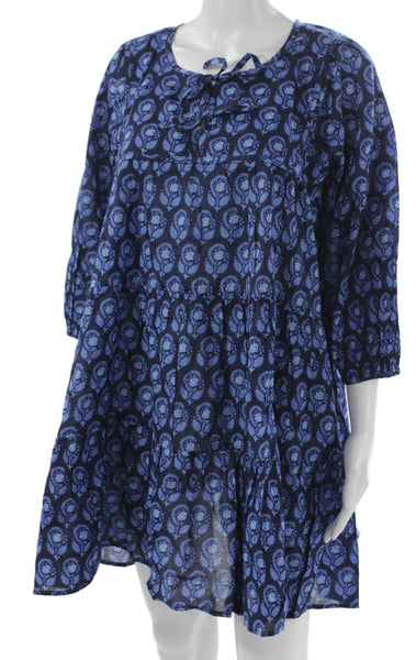 J Crew Women Trapeze Swing Dress Blue Floral 3/4 Sleeve Round Neck Size S
