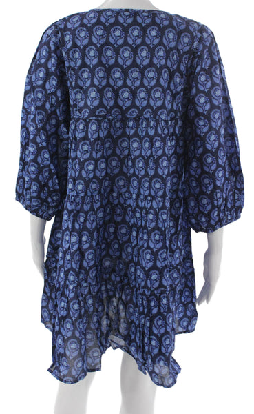 J Crew Women Trapeze Swing Dress Blue Floral 3/4 Sleeve Round Neck Size S
