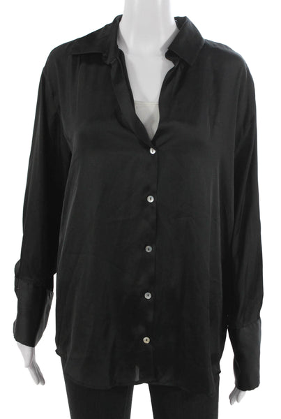 Zara Women Long Sleeve Collared Button Up Blouse Black Polyester Size L