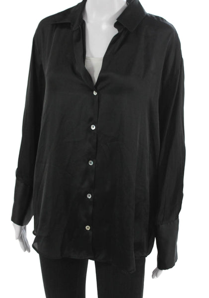 Zara Women Long Sleeve Collared Button Up Blouse Black Polyester Size L