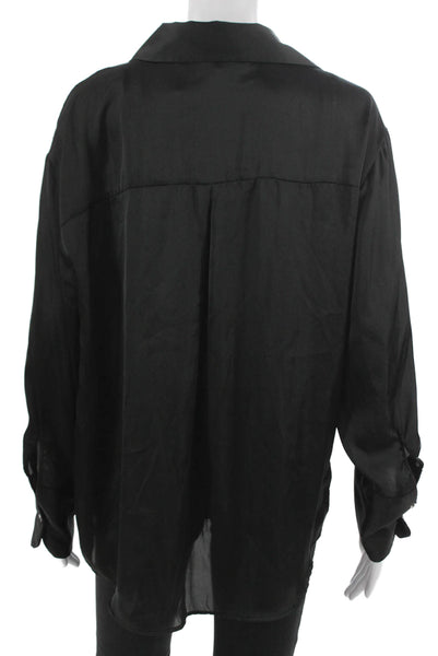 Zara Women Long Sleeve Collared Button Up Blouse Black Polyester Size L
