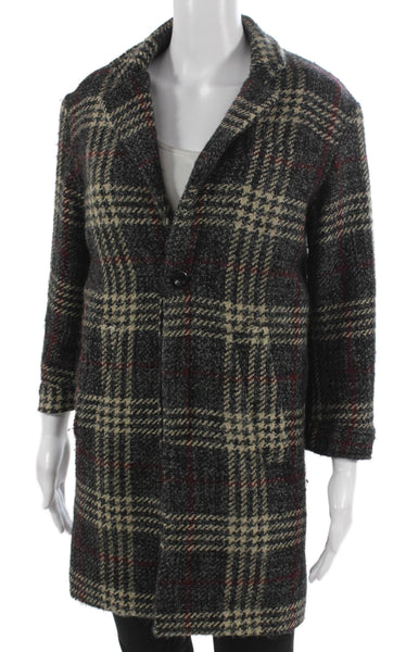 Calvin Rucker Womens Gray Plaid Wool Blend Overcoat Button Closure Size XS