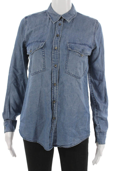 Club Monaco Women Collared Long Sleeve Lyocell Button-Up Top Blue Size XS