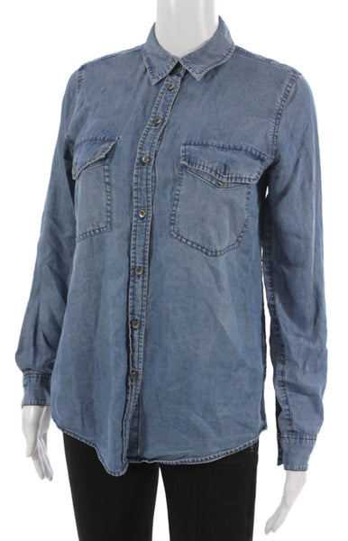 Club Monaco Women Collared Long Sleeve Lyocell Button-Up Top Blue Size XS