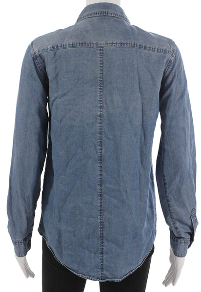 Club Monaco Women Collared Long Sleeve Lyocell Button-Up Top Blue Size XS