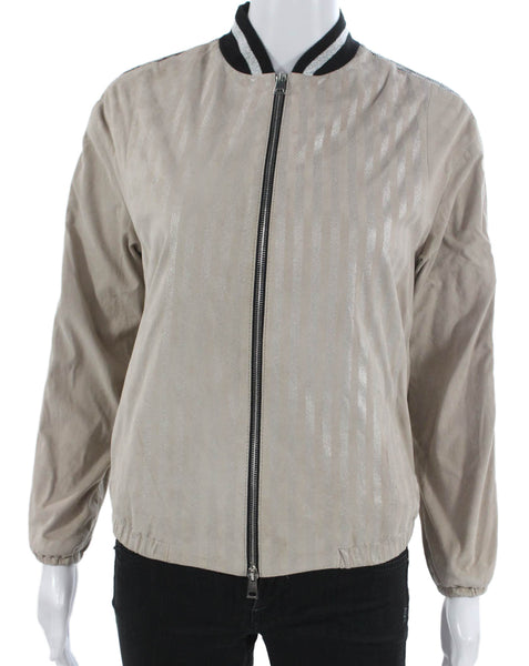 Suprema Womens Bomber Jacket Beige Suede Striped Zip Long Sleeve Size M