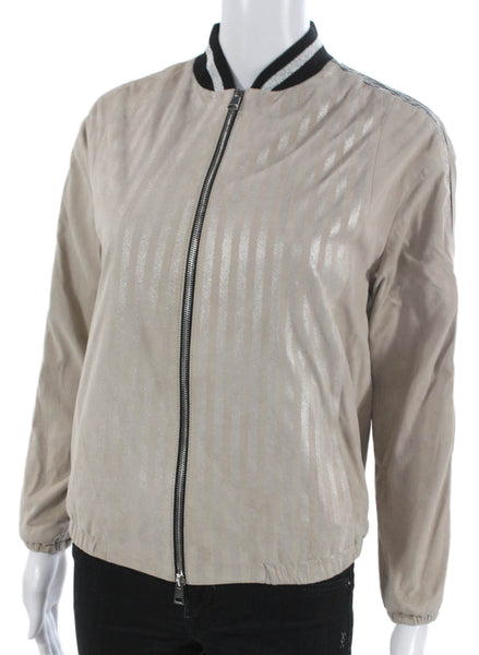 Suprema Womens Bomber Jacket Beige Suede Striped Zip Long Sleeve Size M