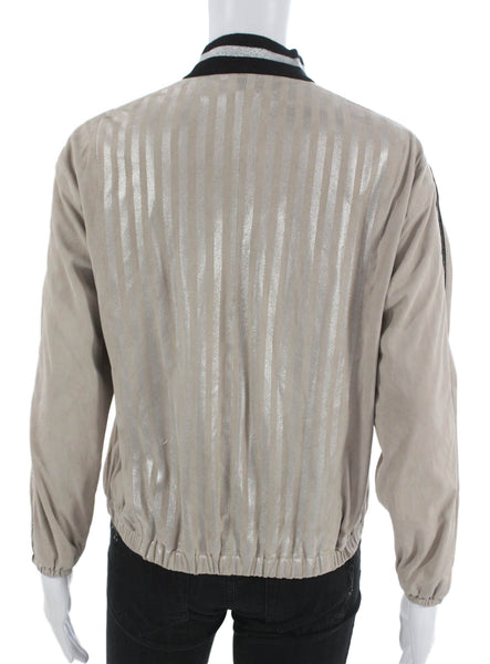 Suprema Womens Bomber Jacket Beige Suede Striped Zip Long Sleeve Size M