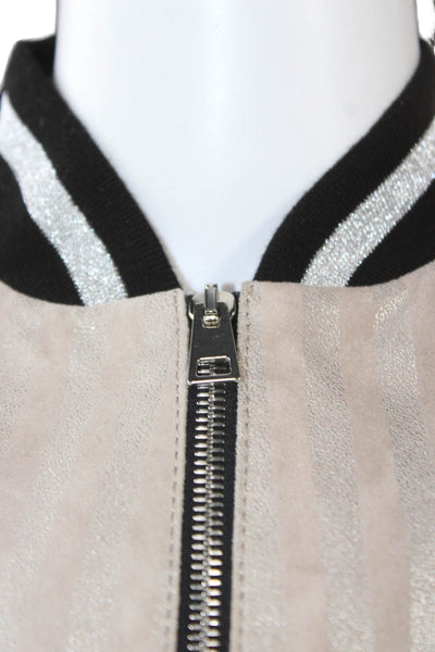 Suprema Womens Bomber Jacket Beige Suede Striped Zip Long Sleeve Size M