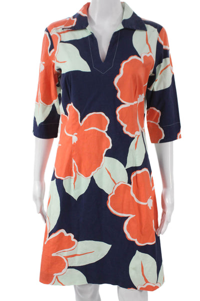 J. Mclaughlin Womens Shift Dress Blue Floral 3/4 Sleeve Cotton Size 4