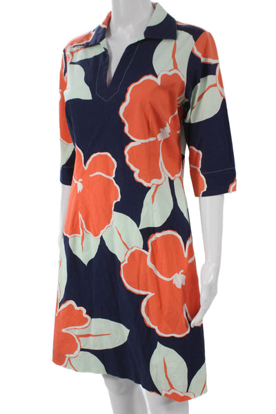 J. Mclaughlin Womens Shift Dress Blue Floral 3/4 Sleeve Cotton Size 4