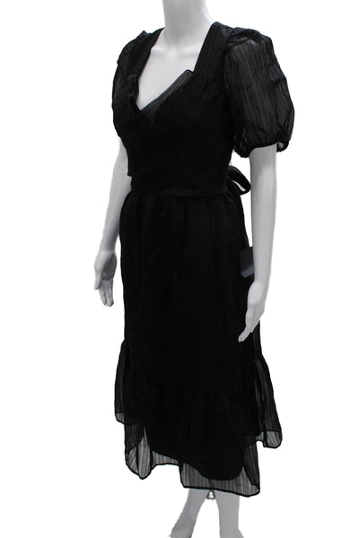 Lulus Women Wrap Dress Black V-Neck Short Sleeve Tie Polyester Maxi Size L