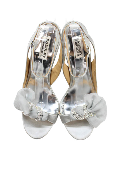 Badgley Mischka Womens Satin Jeweled Dylan Sandal Heels Grey Size 8.5 Medium