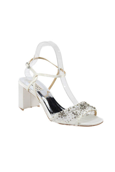 Badgley Mischka Womens Satin Jeweled Slingbacks Sandal Heels White Size 9