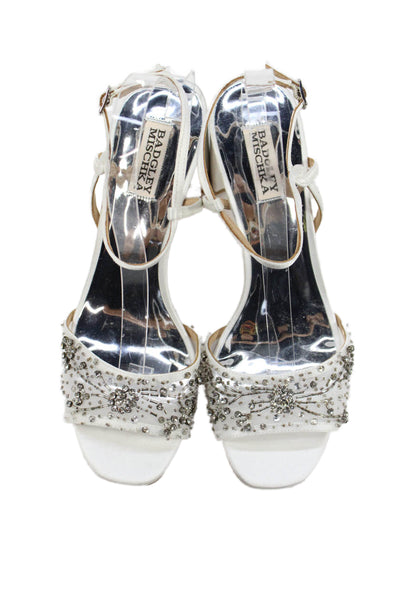 Badgley Mischka Womens Satin Jeweled Slingbacks Sandal Heels White Size 9