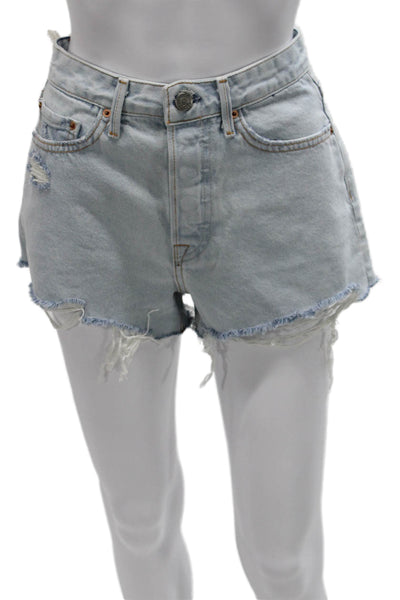 Grlfrnd Womens Blue Cut-Off Cotton Shorts Button Size 26